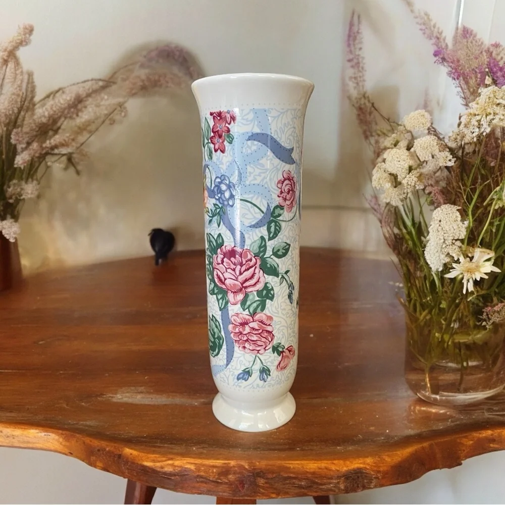 Vintage 1980s Floral Ceramic Bud Vase Pink Roses Blue Ribbon Cottagecore Coquett